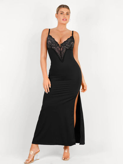 Shapewear Lace V Neck Side Slit Slimming Maxi Slip Dress