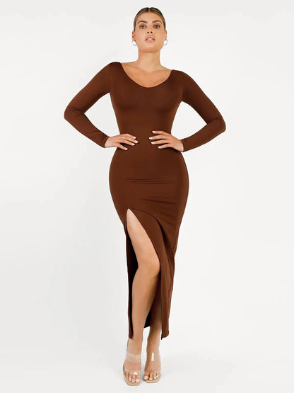Shapewear Long Sleeve V-Neck Low Back Slimming Maxi Dress