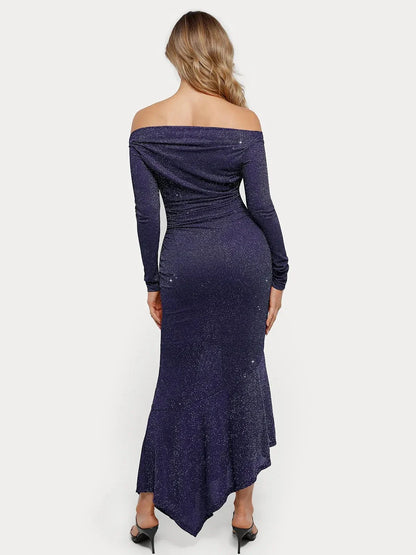 Shapewear Metallic Knit Long Sleeve Slim Mermaid Maxi Dress
