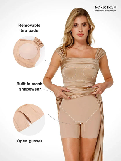 Shapewear Off Shoulder Shine Ruched Sculpting Maxi Dress