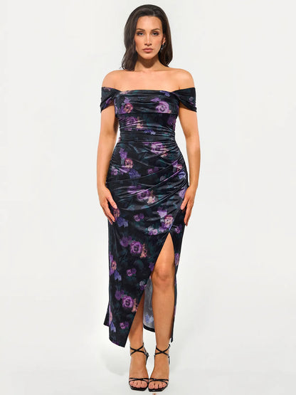 Shapewear Off Shoulder Shine Ruched Sculpting Maxi Dress