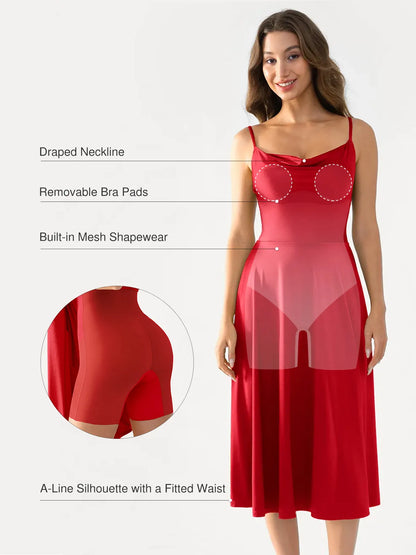 Shapewear Strappy Cowl Neck Fit & Flare Midi Dress