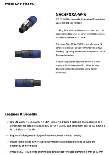 POWERCON BLUE CABLE TYPE - NEUTRIK - NAC3FXXA-W-S