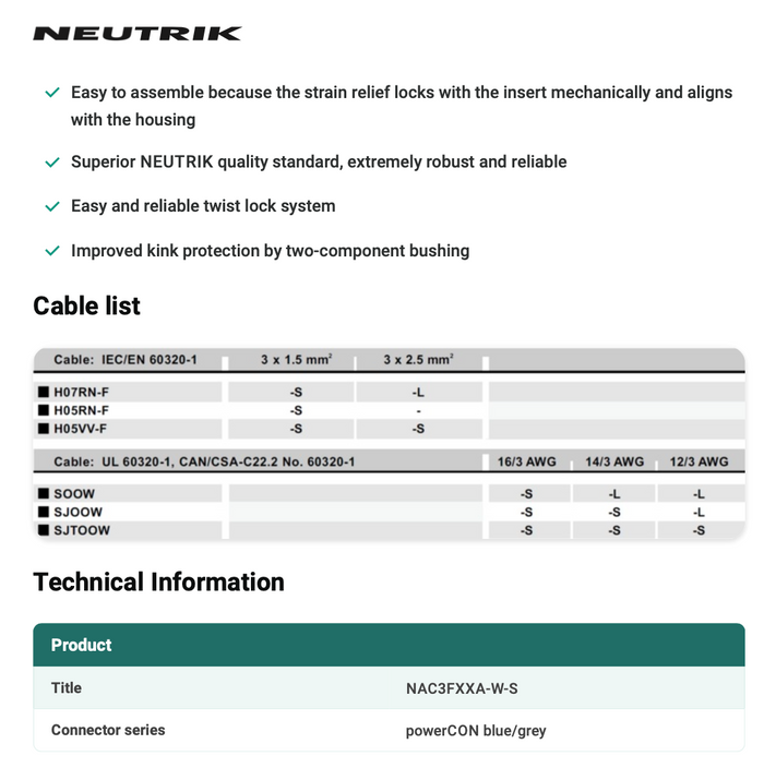 POWERCON BLUE CABLE TYPE - NEUTRIK - NAC3FXXA-W-S