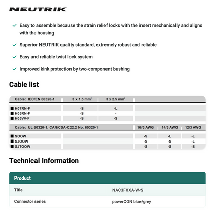 POWERCON BLUE CABLE TYPE - NEUTRIK - NAC3FXXA-W-S