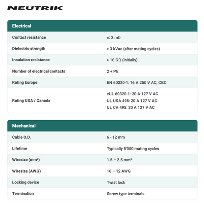 POWERCON BLUE CABLE TYPE - NEUTRIK - NAC3FXXA-W-S