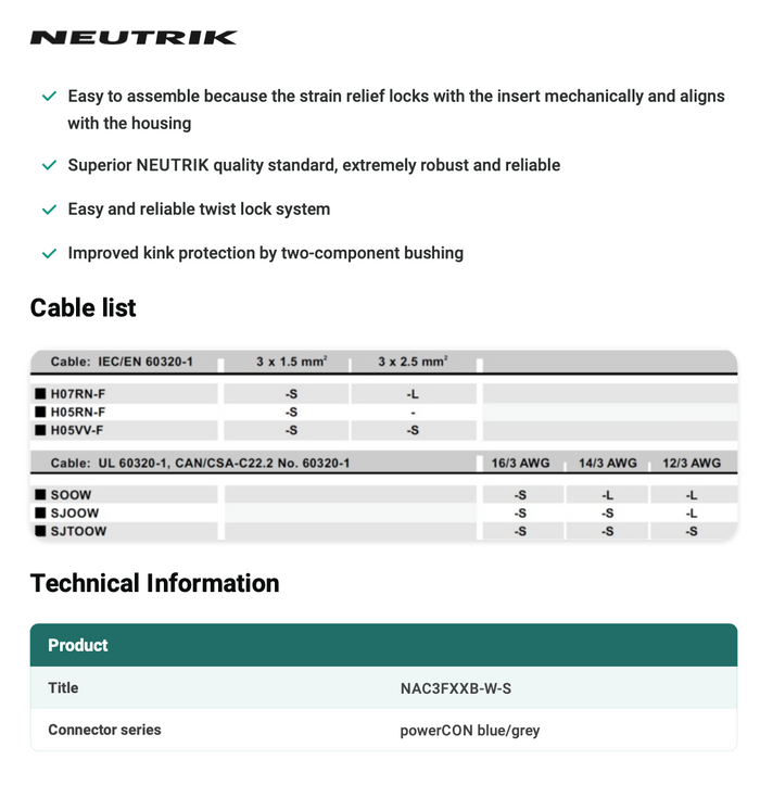 POWERCON WHITE CABLE TYPE - NEUTRIK - NAC3FXXB-W-S