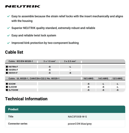 POWERCON WHITE CABLE TYPE - NEUTRIK - NAC3FXXB-W-S