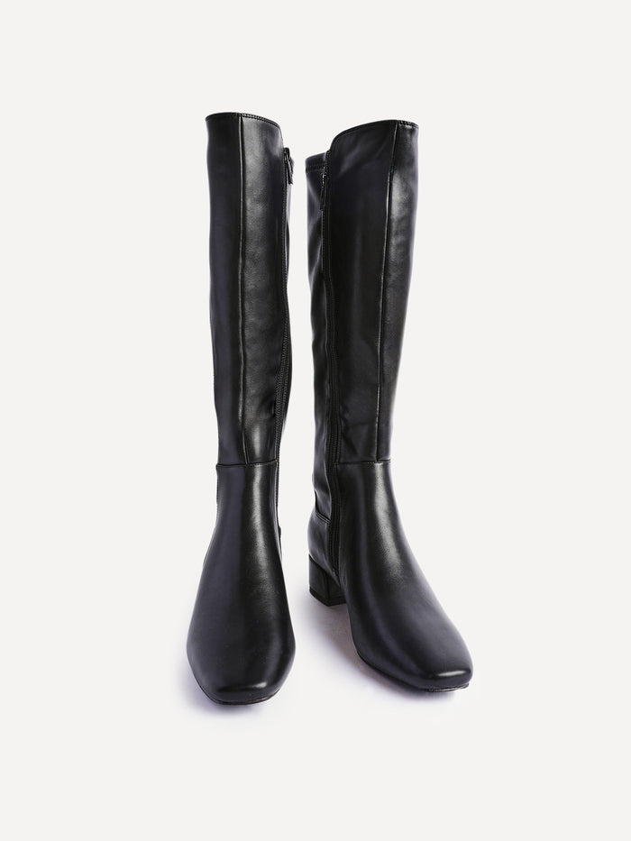 Revolve Black Faux Leather Block Heel Long Boots