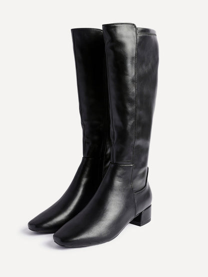 Revolve Black Faux Leather Block Heel Long Boots