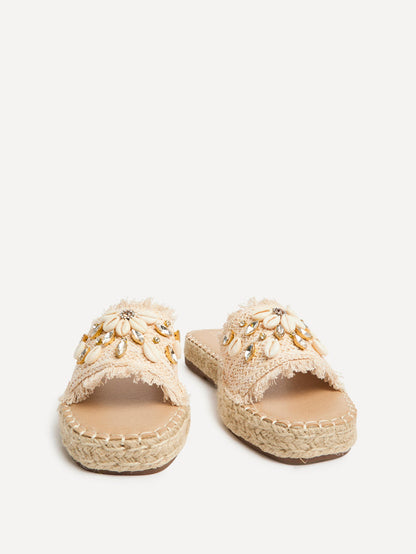 Seaside Beige Raffia Embellished Sliders