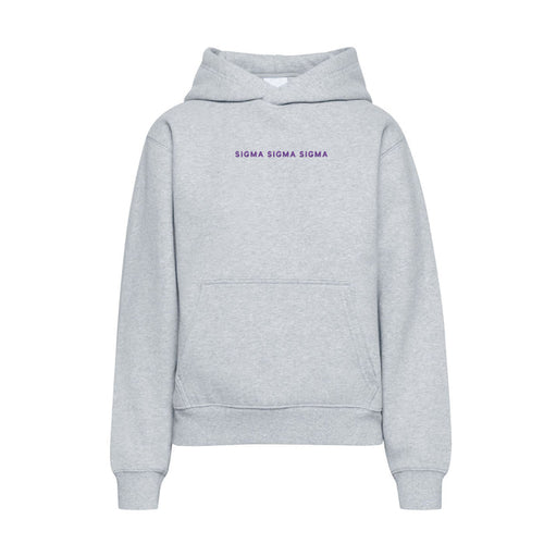 Gray hoodie with Sigma Sigma Sigma embroidered in purple