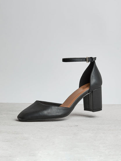 Sydney Black Faux Leather Square Toe Court Heels