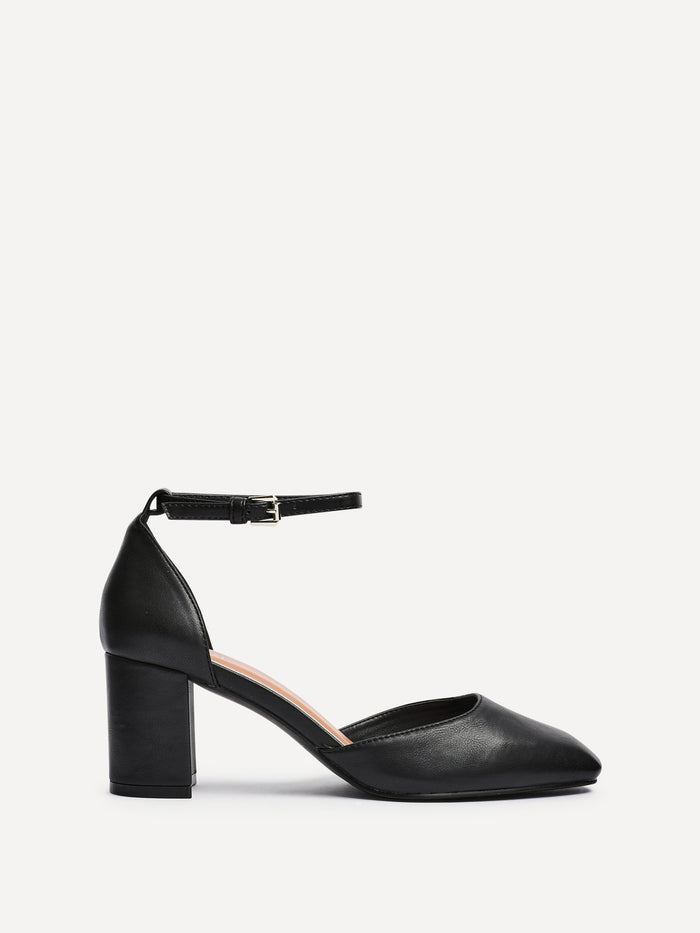 Sydney Black Faux Leather Square Toe Court Heels