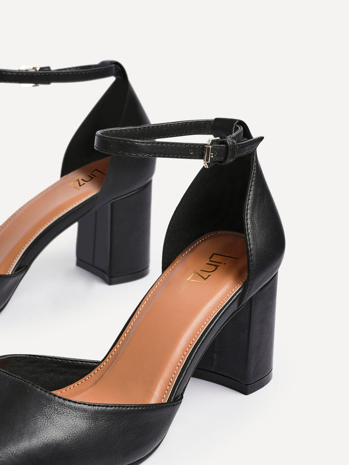 Sydney Black Faux Leather Square Toe Court Heels
