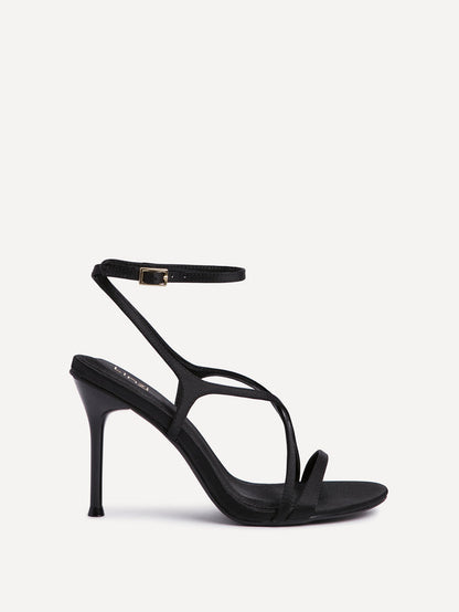 Taliya Black Satin Strappy Stiletto Heels