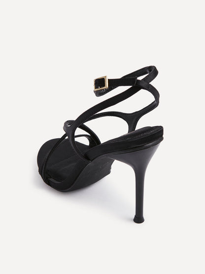 Taliya Black Satin Strappy Stiletto Heels