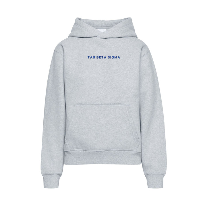 Light heather gray hoodie with Tau Beta Sigma embroidered wordmark on chest