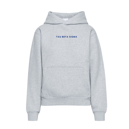 Light heather gray hoodie with Tau Beta Sigma embroidered wordmark on chest