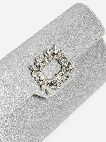 Wonder Silver Satin Diamante Clutch Bag