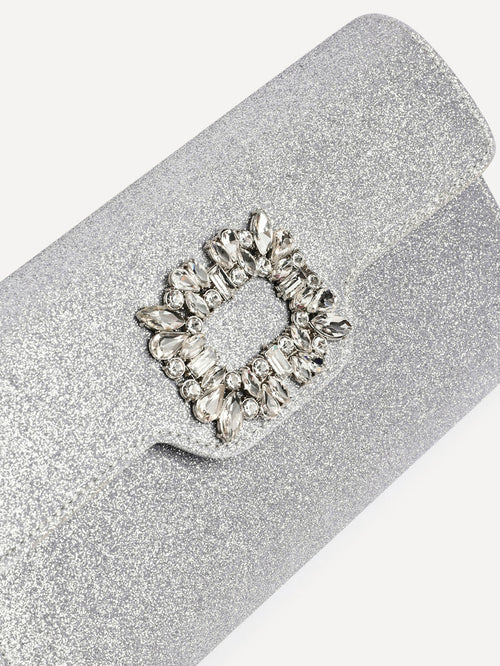 Wonder Silver Satin Diamante Clutch Bag