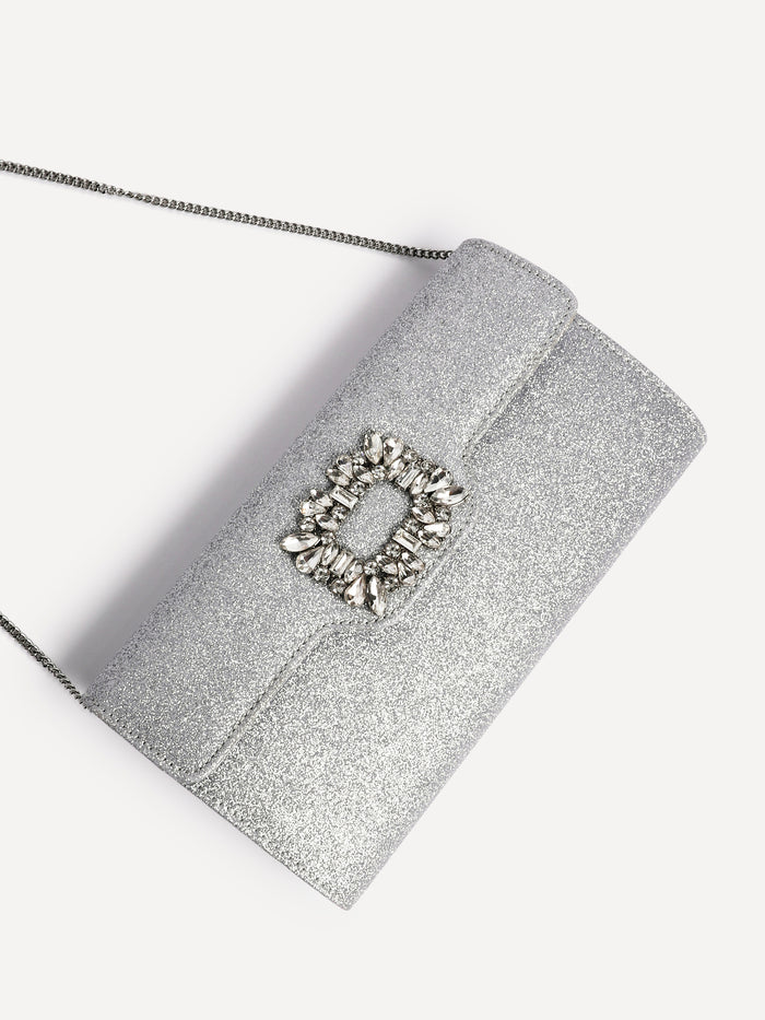 Wonder Silver Satin Diamante Clutch Bag