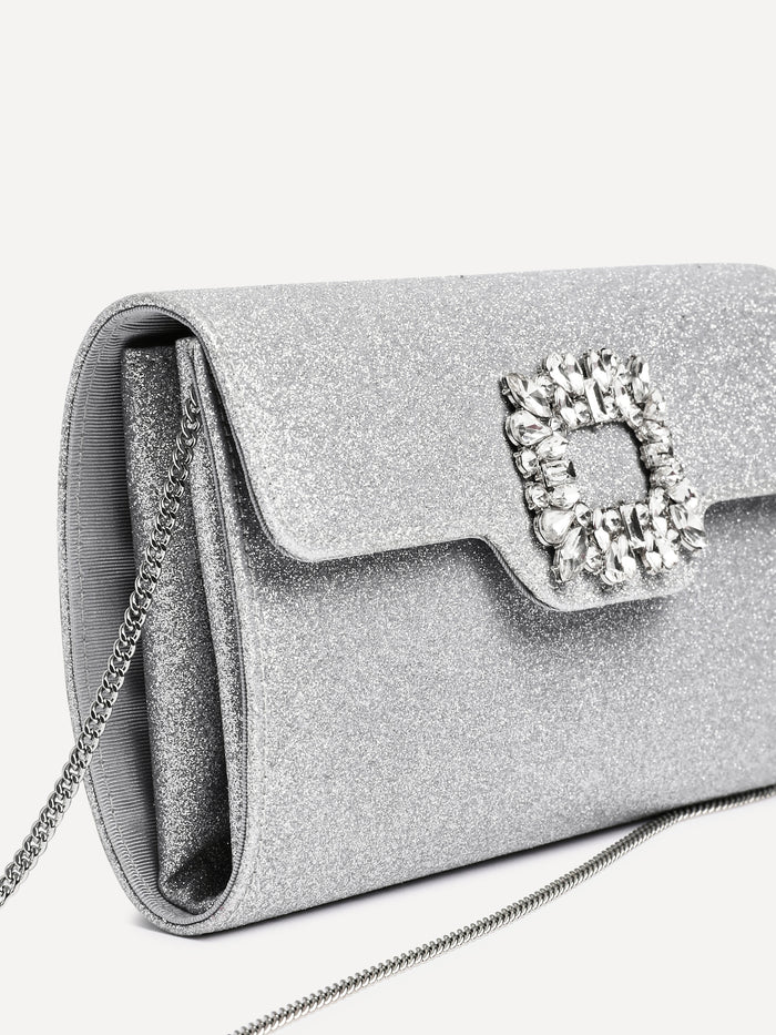 Wonder Silver Satin Diamante Clutch Bag