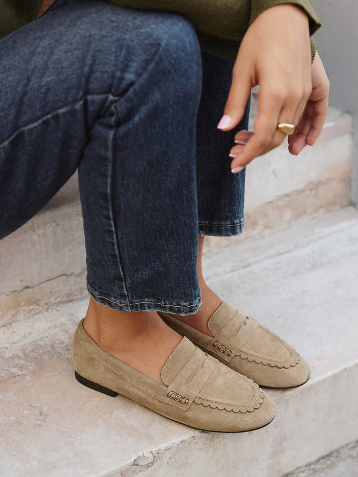 Wren Wide Fit Taupe Suede Leather Penny Style Loafers