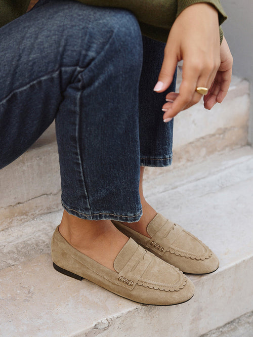 Wren Wide Fit Taupe Suede Leather Penny Style Loafers
