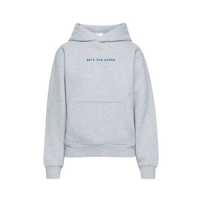 Light gray Zeta Tau Alpha hoodie with blue wordmark front view