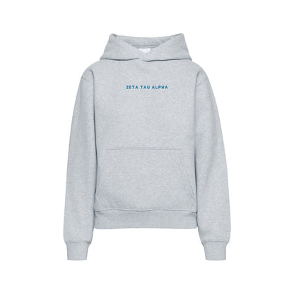 Light gray Zeta Tau Alpha hoodie with blue wordmark front view
