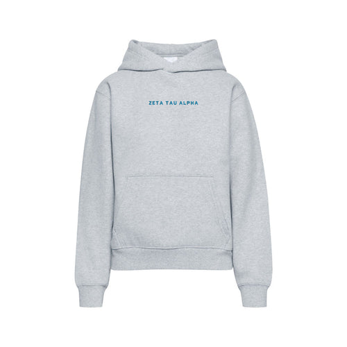 Light gray Zeta Tau Alpha hoodie with blue wordmark front view